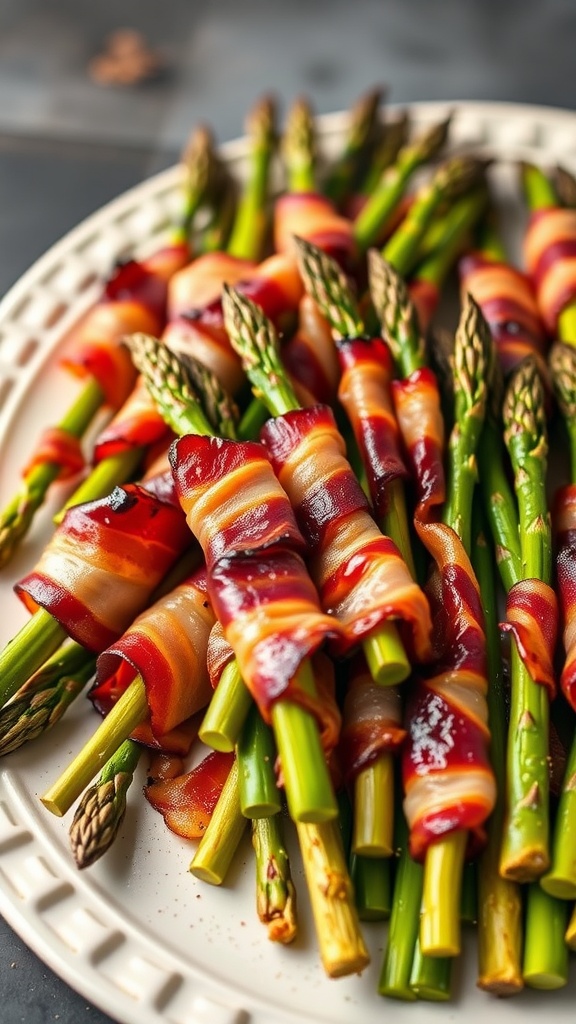 A plate of bacon-wrapped asparagus spears.