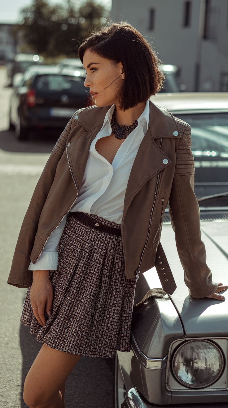 Woman in a leather jacket with a white shirt and skirt, leaning on a classic car.