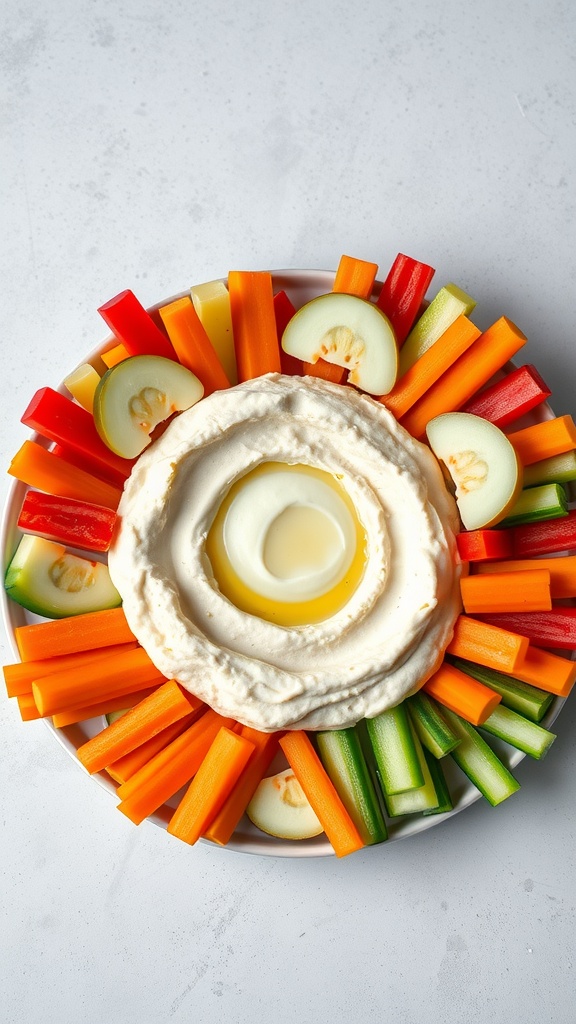 A plate with cauliflower hummus surrounded by colorful veggie sticks like carrots, cucumbers, and bell peppers.