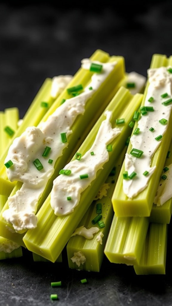 Celery sticks topped with cream cheese and chives