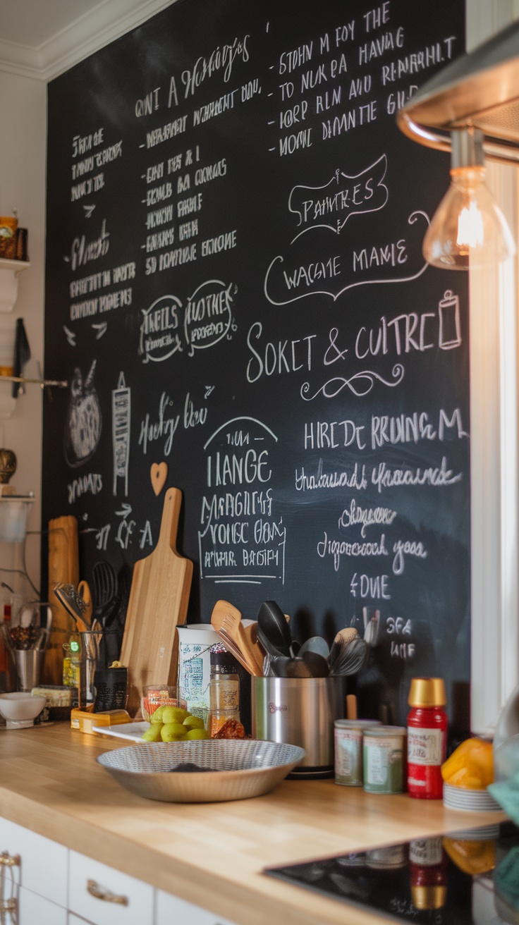 Chalkboard wall filled with handwritten notes and recipes in a cozy kitchen