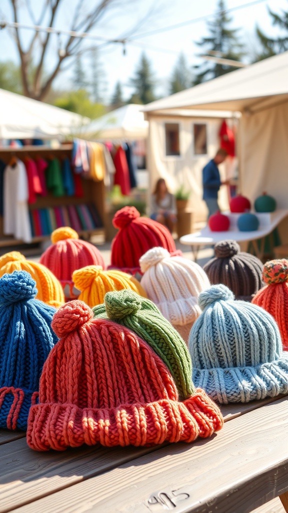 A display of colorful knit hats in various styles and colors.