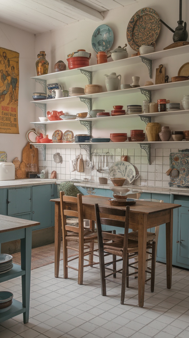 A charming kitchen featuring open shelving displaying colorful dishes and rustic decor.