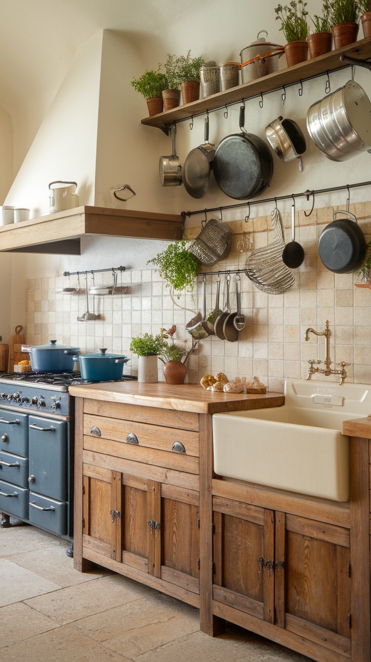 A cozy kitchen featuring a wall-mounted pot rack with various pots and plants, embodying a French cottage style.