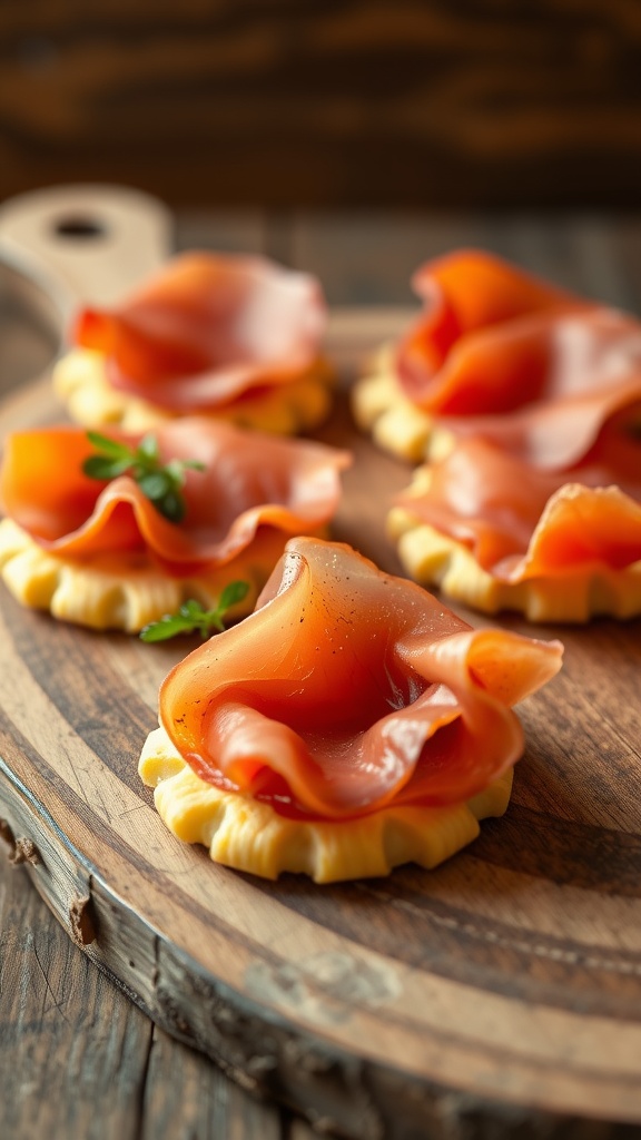 Cheese crackers topped with prosciutto on a wooden serving board.