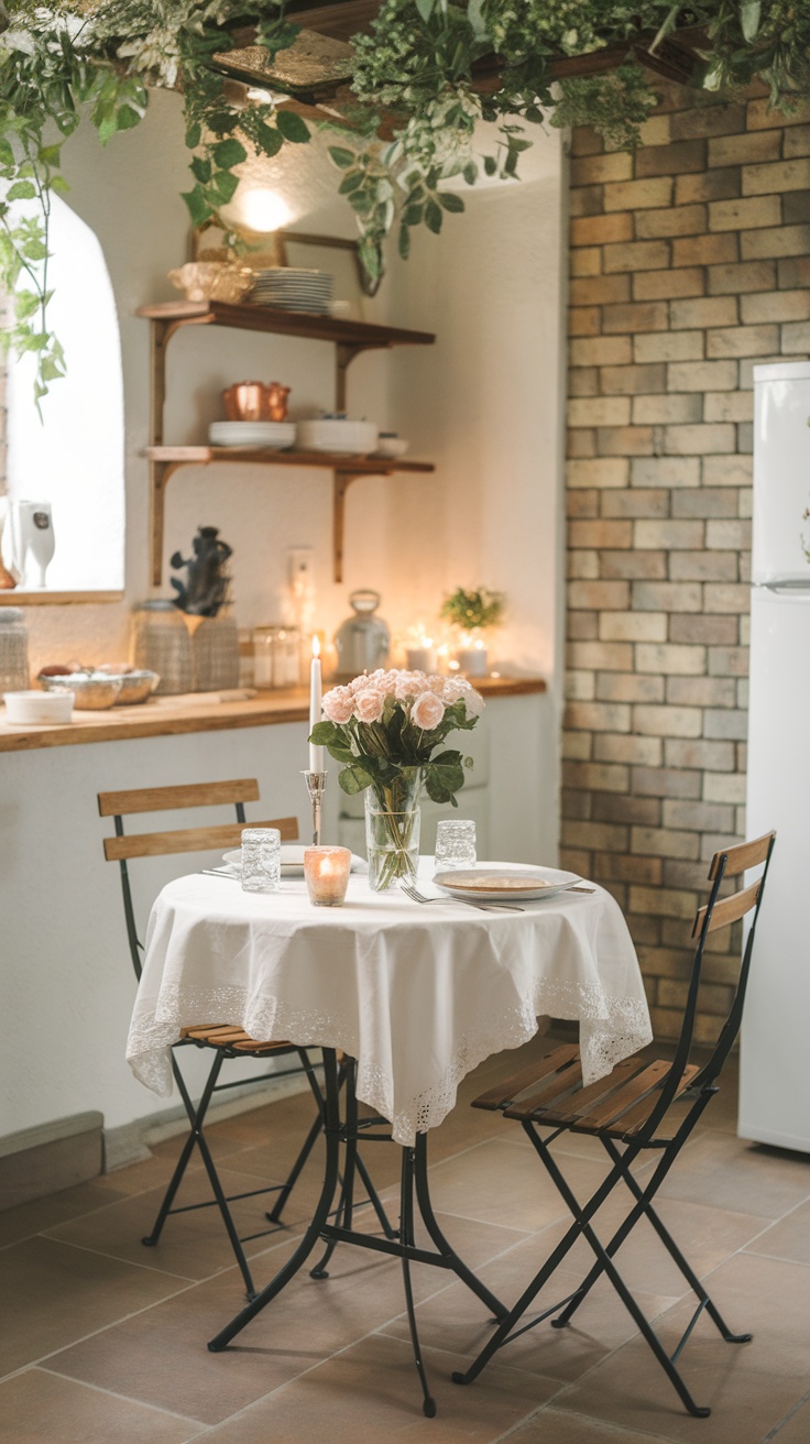 A chic bistro table setting with a white tablecloth, flowers, candles, and a warm kitchen backdrop.