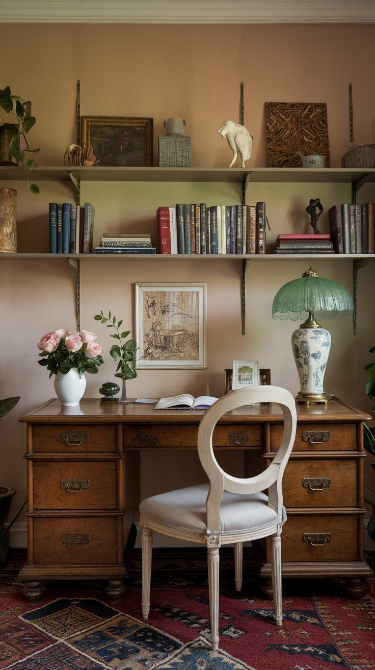 A cozy and chic Parisian home office desk arrangement with a wooden desk, a white chair, a pretty vase of pink roses, and bookshelves filled with various books.