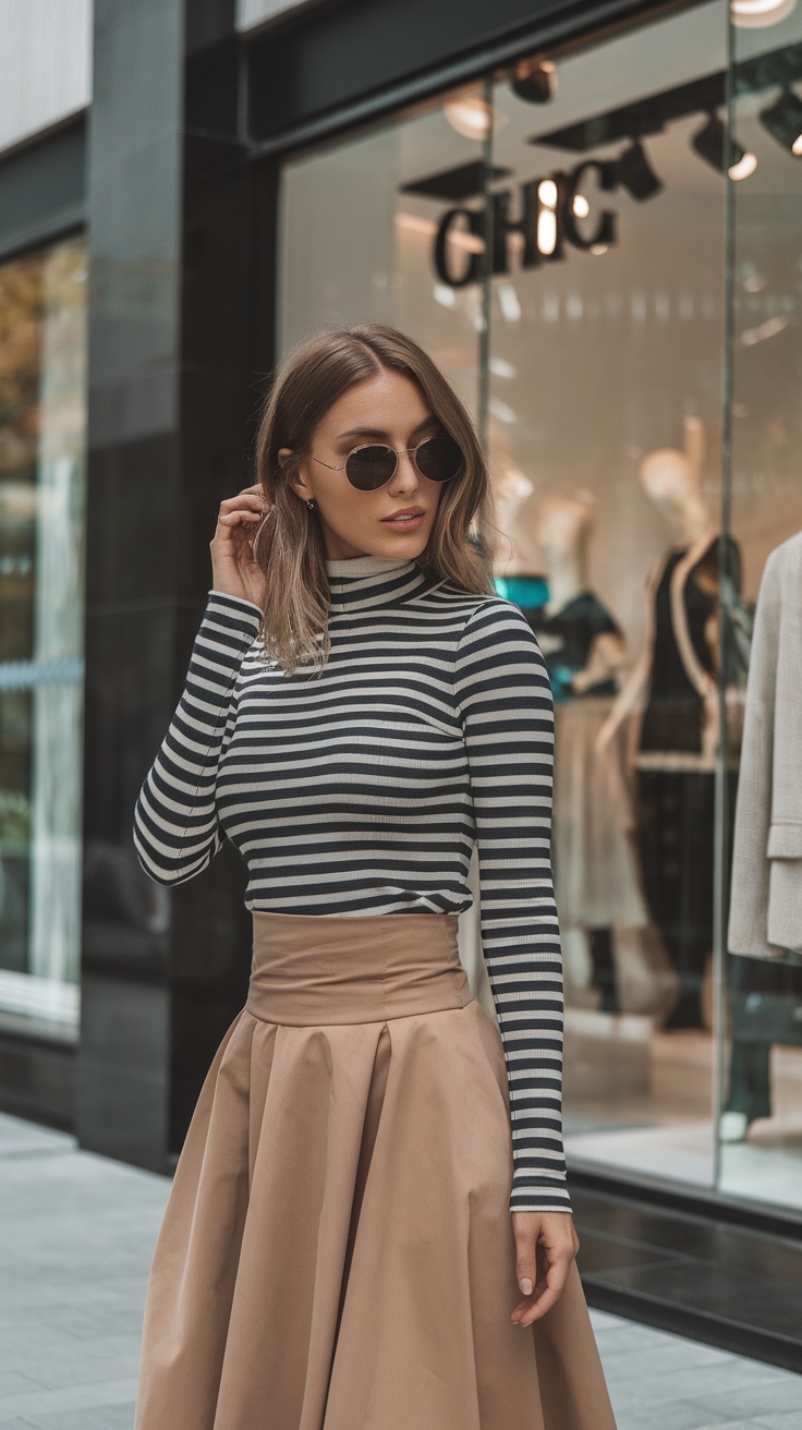 A woman wearing a striped top and high-waisted skirt, standing outside a boutique.