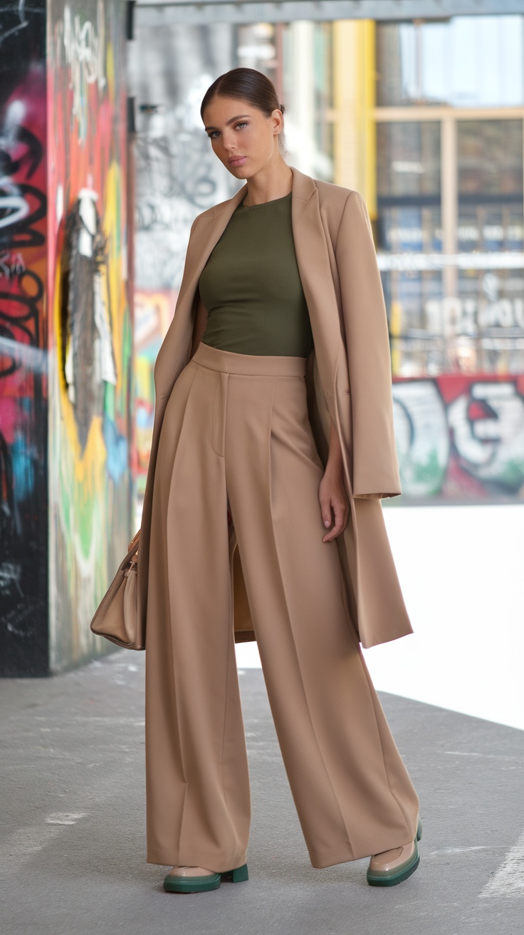 A woman wearing wide-leg pants and a fitted top, posing in an urban setting.