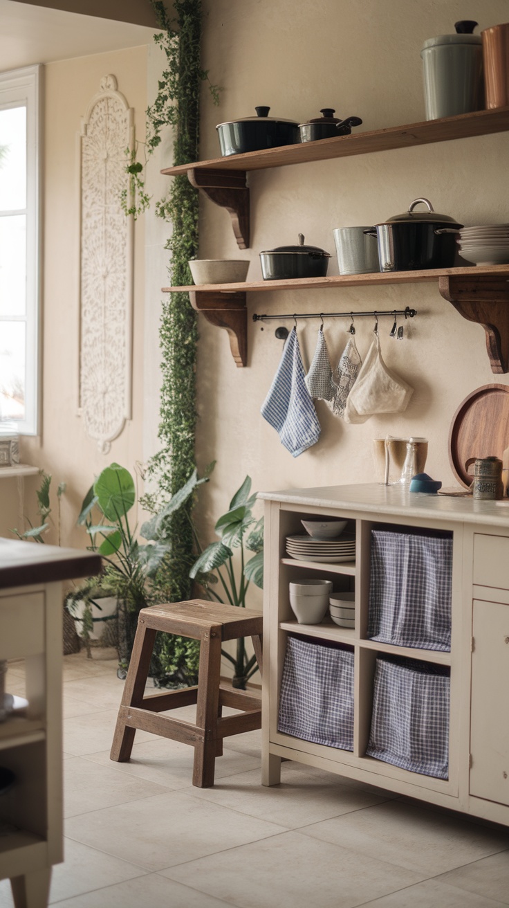 A cozy French country kitchen with wooden shelves, pots, and plants, emphasizing a warm ambiance.