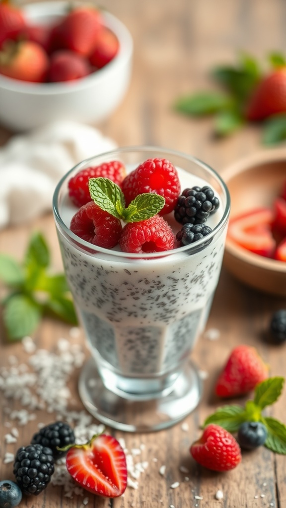 A glass of coconut chia seed pudding topped with fresh berries and mint leaves.