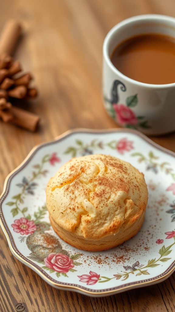 Coconut flour biscuit with cinnamon on a floral plate, beside a cup of coffee.