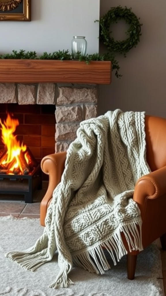 A cozy knit blanket draped over a chair by a fireplace, creating a warm and inviting atmosphere.