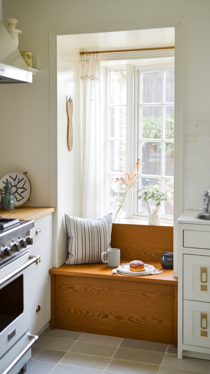 Cozy kitchen nook with a wooden bench, cushion, and coffee cup by a window