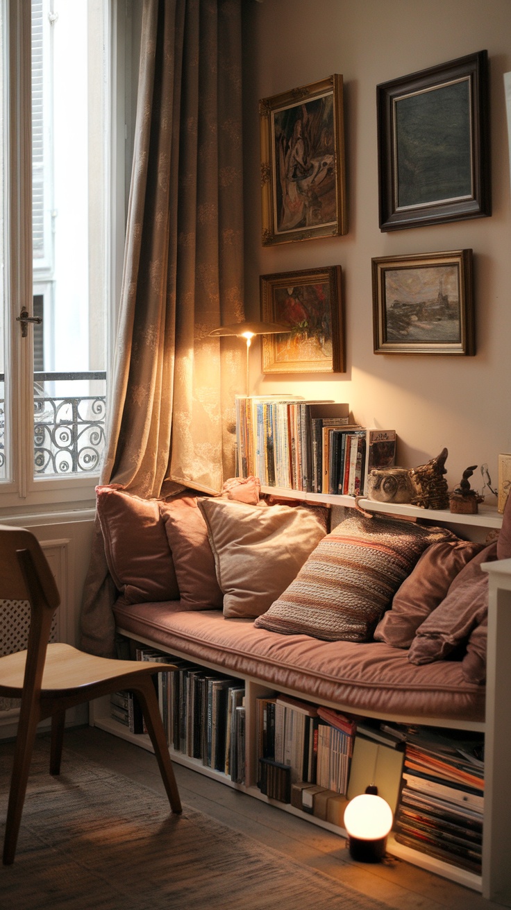 A cozy reading nook with cushions, bookshelves, and warm lighting.