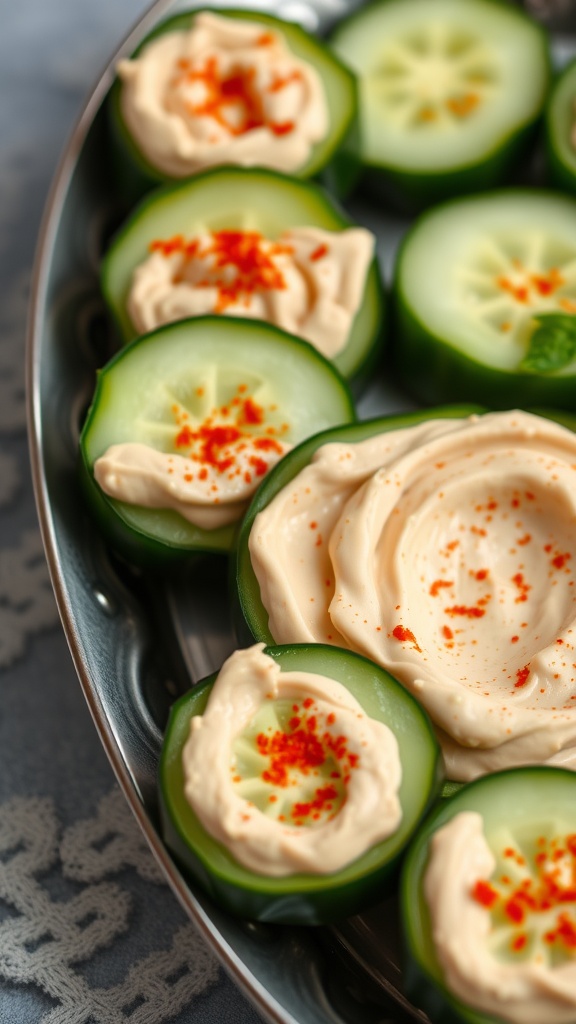 Cucumber slices topped with hummus and paprika on a silver platter