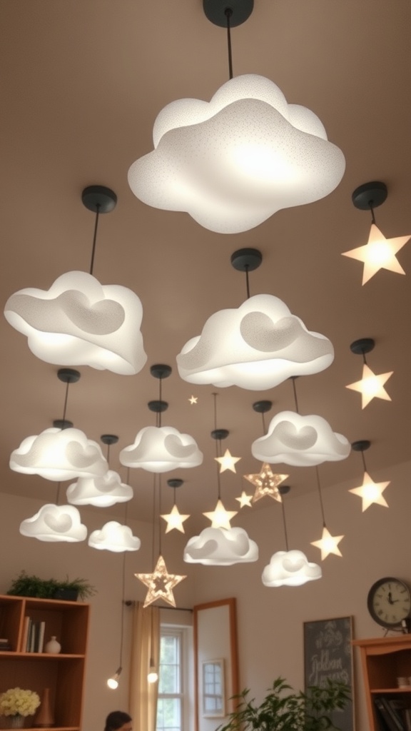 A whimsical lighting setup featuring cloud-shaped and star-shaped fixtures hanging from the ceiling.