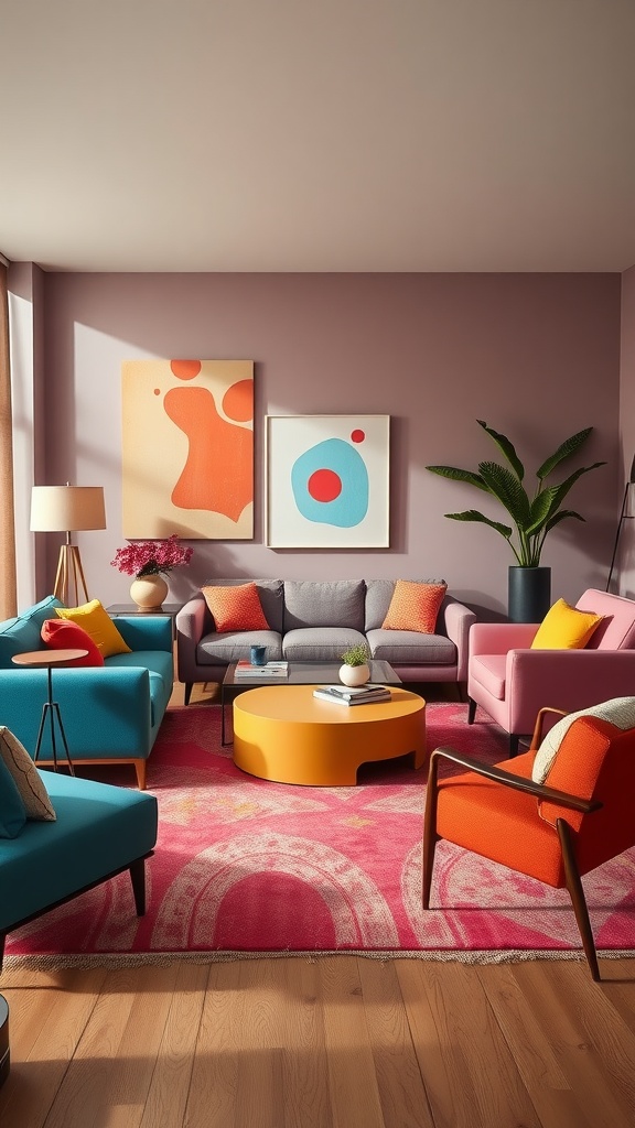 A vibrant living room featuring colorful furniture and abstract wall art.