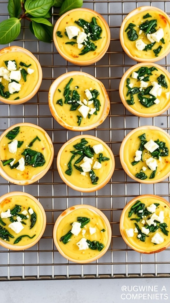 A tray of egg muffins with spinach and feta cheese, baked in muffin shapes.