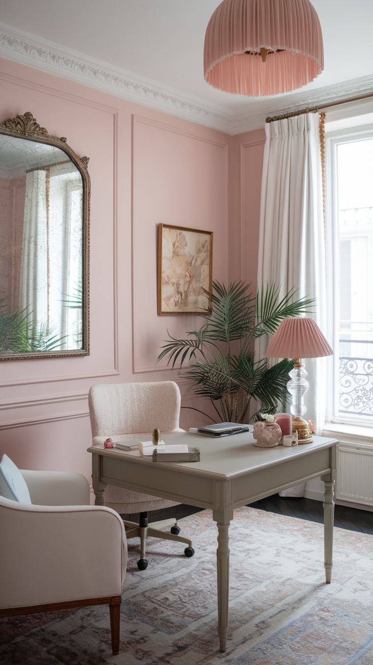 A feminine home office featuring soft pink walls, a stylish desk, and elegant decor.