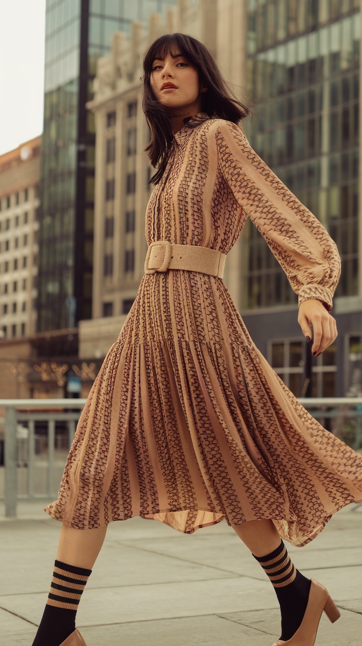 A woman walking confidently in a stylish midi dress and statement accessories in an urban setting.