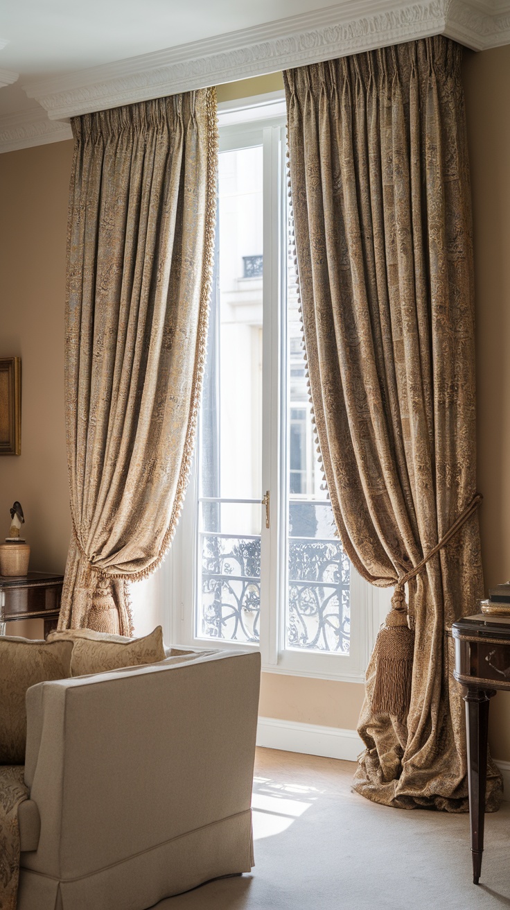 Luxurious drapes framing a window in a Parisian home office, adding elegance and warmth.