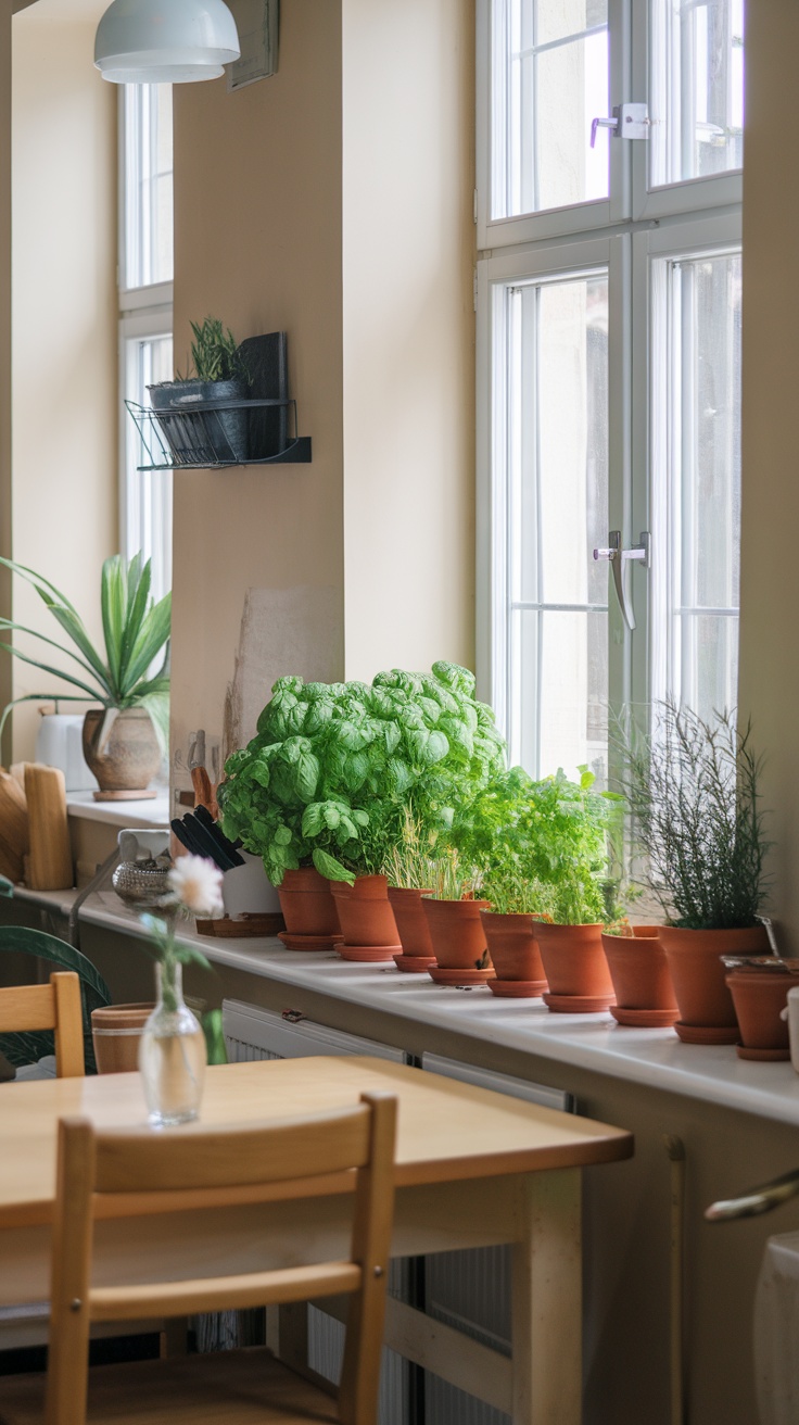 A cozy kitchen featuring a windowsill herb garden with various plants in terracotta pots, brightening the space.