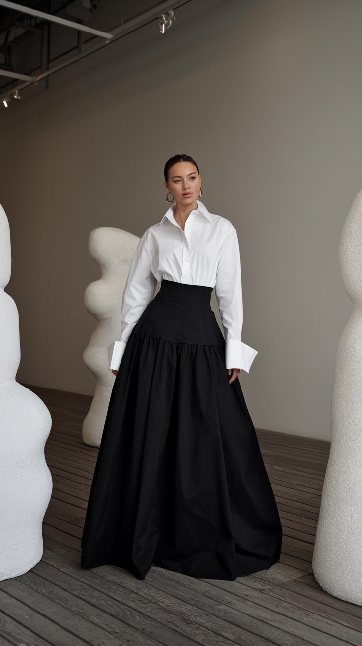 A woman wearing a white shirt and a black skirt standing in a minimalist setting.