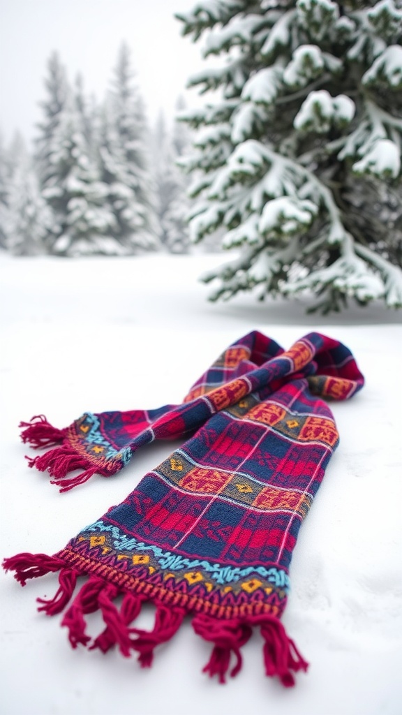 A colorful knit scarf laid out on a snowy surface with pine trees in the background.