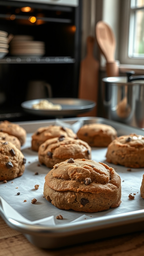 A tray of golden-brown flaxseed meal biscuits with chocolate chips, fresh out of the oven.