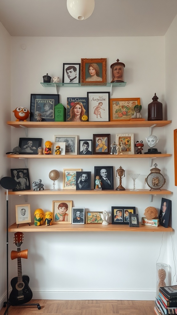 A wall with floating shelves displaying various framed pictures and curiosities.