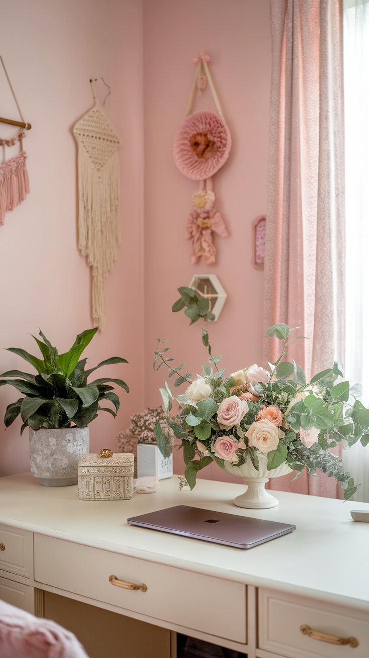 A feminine Parisian home office with floral arrangements and greenery on a desk.