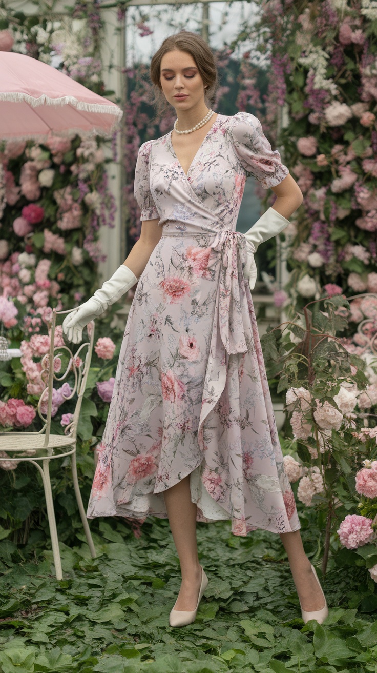 A model wearing a floral wrap dress, surrounded by flowers in a garden.