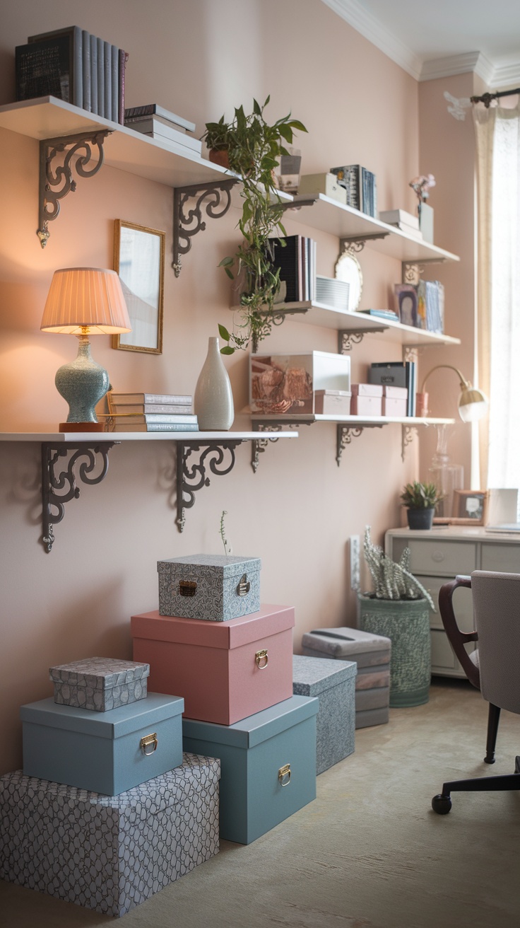 A feminine Parisian home office with pink walls, stylish storage boxes, and elegant shelves.