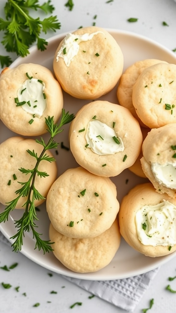 Fluffy garlic herb cream cheese biscuits on a plate, garnished with parsley.