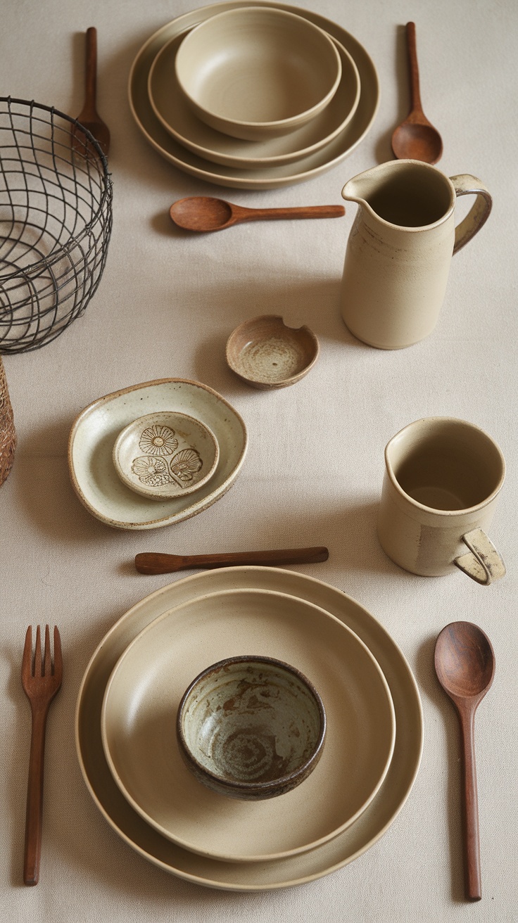 A collection of handmade pottery and wooden tableware arranged on a table.