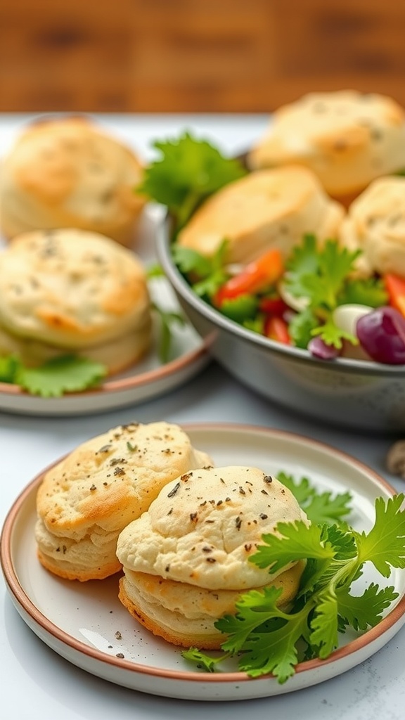 A plate of herbed cauliflower biscuits garnished with fresh greens, set against a colorful salad.