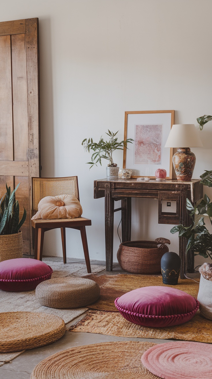 A feminine Parisian home office featuring textured elements like pillows, rugs, and plants.