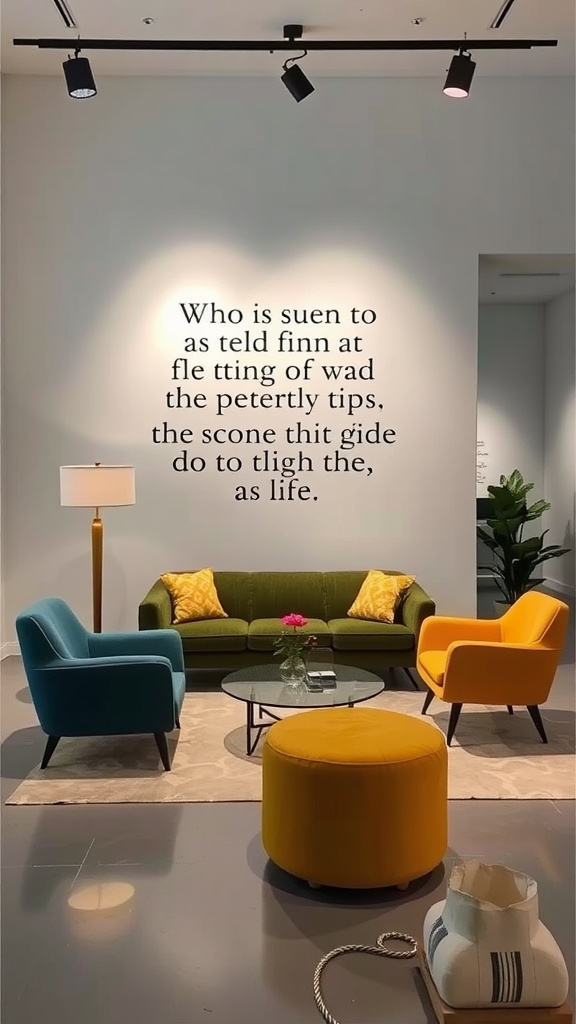 A modern living room with colorful furniture and a large artistic quote on the wall.