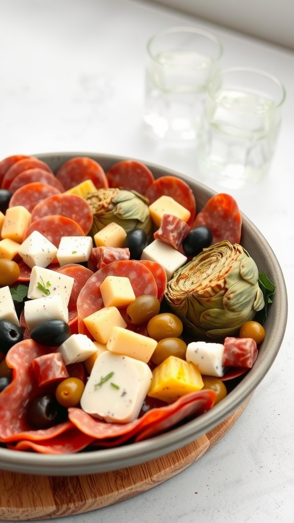 A colorful Italian antipasto salad with cured meats, olives, and cheese.