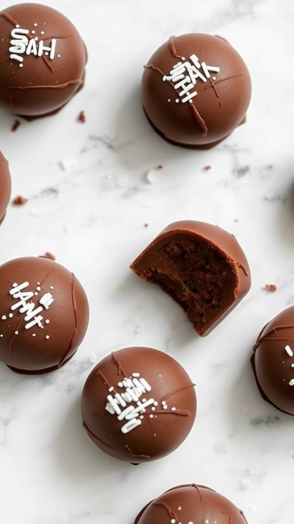 Delicious keto chocolate fat bombs on a marble surface, some with bites taken out.