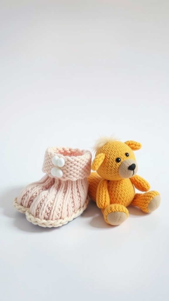 A pair of knitted baby booties next to a knitted teddy bear.