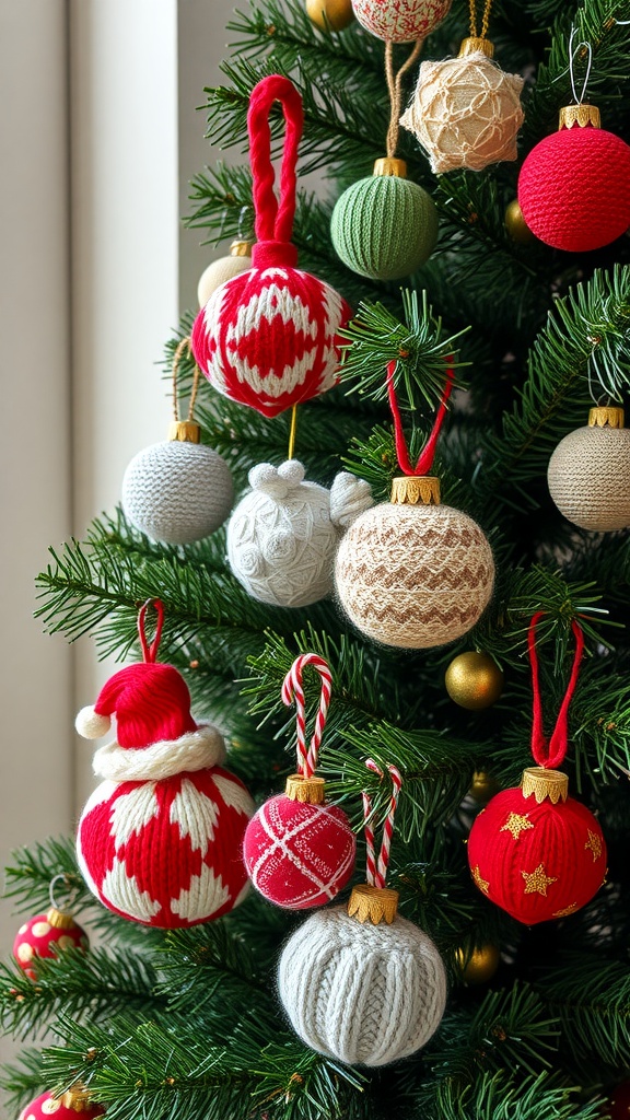 Colorful knitted Christmas ornaments hanging on a tree