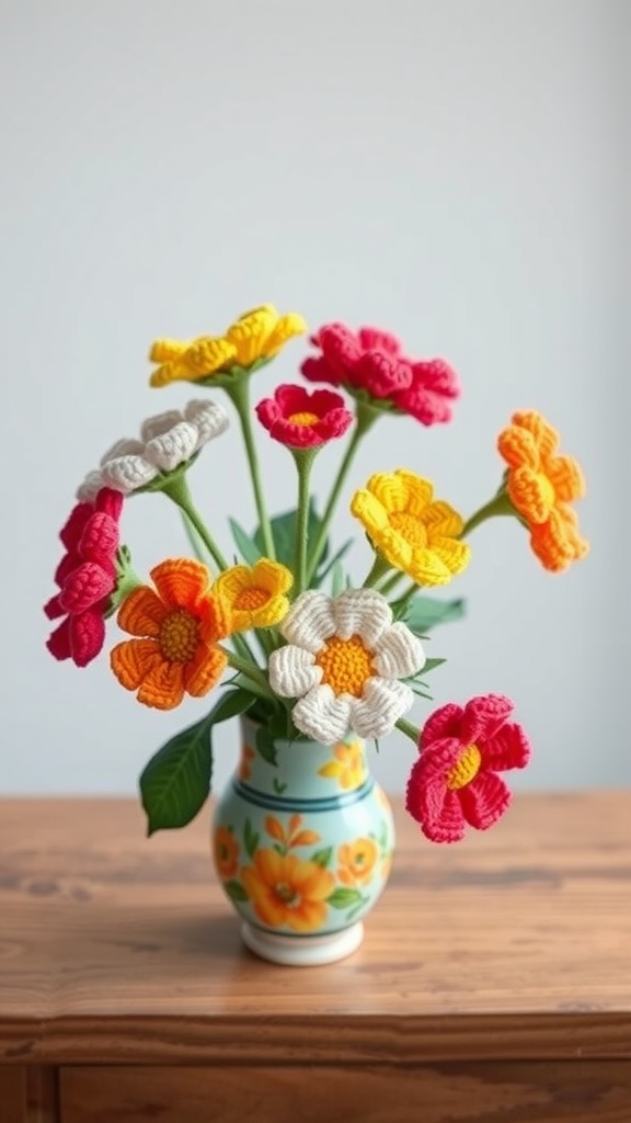 A vibrant bouquet of knitted flowers in a decorative vase