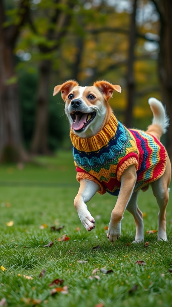 A happy dog wearing a colorful knitted sweater, running on grass in a park.