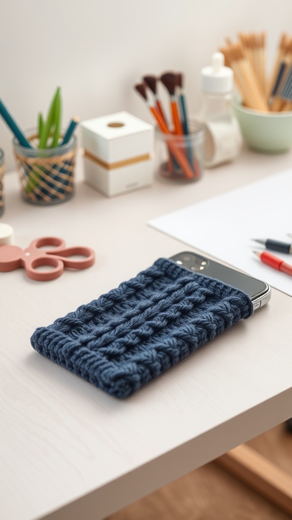 A knitted phone case resting on a table with various crafting supplies around it.