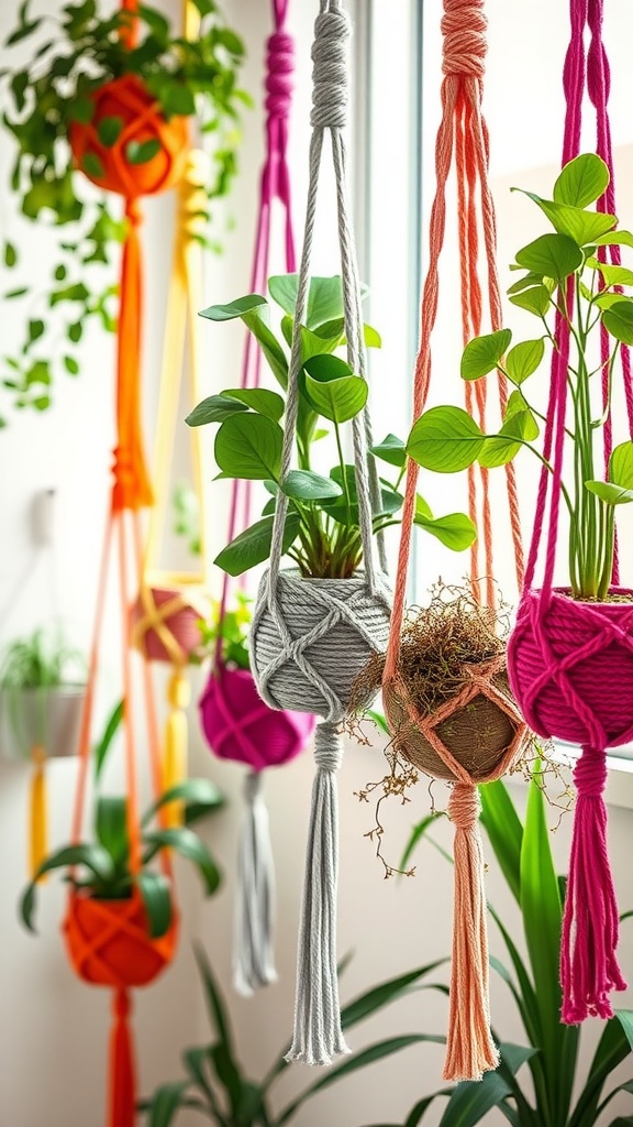 Colorful knit plant hangers displaying various indoor plants.