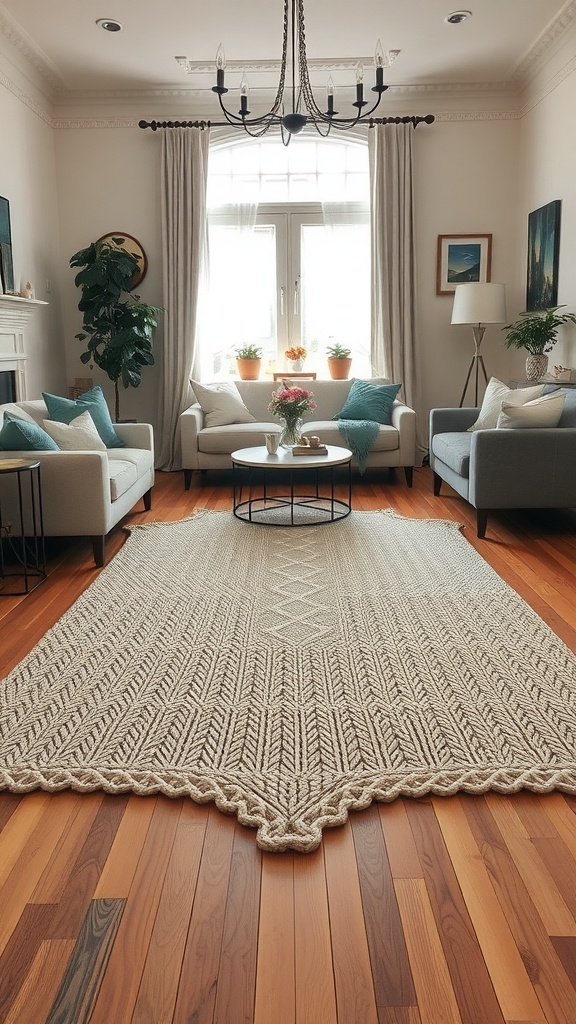 A beautifully knitted rug in a bright and inviting living room.