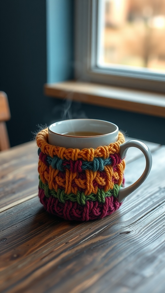 A colorful knitted sleeve on a white mug, sitting on a wooden table with steam rising.