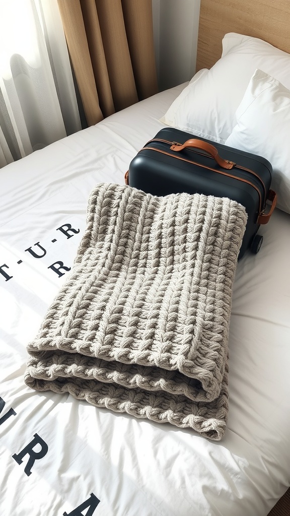 A knitted travel blanket folded on a bed next to a suitcase.